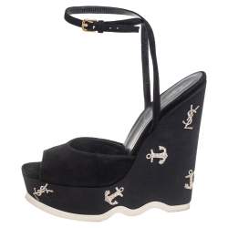 Pre Owned صندل سان لوران سويدي أسود نعل سميك بحزام للكاحل مقاس 36.5