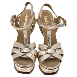 Pre Owned صندل سان لوران تربيوت جلد ذهبي بنعل سميك مقاس 35.5