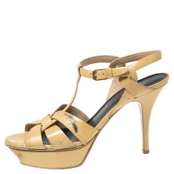 Saint Laurent Beige Patent Leather Tribute Platform Sandals Size 39
