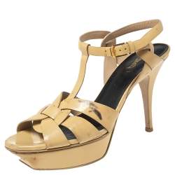 Saint Laurent Beige Patent Leather Tribute Platform Sandals Size 39