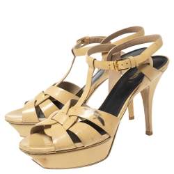Saint Laurent Beige Patent Leather Tribute Platform Sandals Size 39