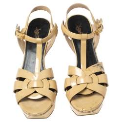 Saint Laurent Beige Patent Leather Tribute Platform Sandals Size 39