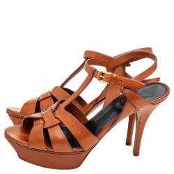 Pre Owned Saint Laurent Brown Leather Tribute Platform Ankle Strap Sandals Size 38