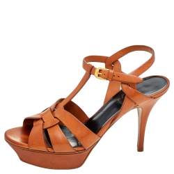 Pre Owned Saint Laurent Brown Leather Tribute Platform Ankle Strap Sandals Size 38