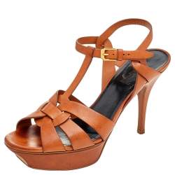 Pre Owned Saint Laurent Brown Leather Tribute Platform Ankle Strap Sandals Size 38