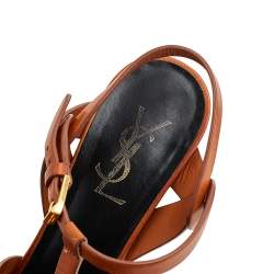 Pre Owned Saint Laurent Brown Leather Tribute Platform Ankle Strap Sandals Size 38