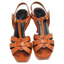 Pre Owned Saint Laurent Brown Leather Tribute Platform Ankle Strap Sandals Size 38