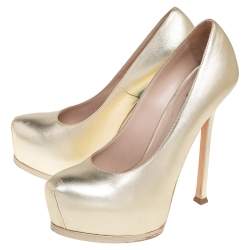 Pre Owned Saint Laurent Metallic Gold  Leather Tribtoo Platform Pumps Size 38.5