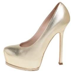 Pre Owned Saint Laurent Metallic Gold  Leather Tribtoo Platform Pumps Size 38.5