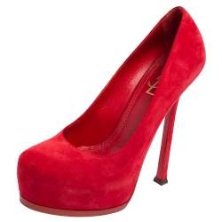 Saint Laurent Red Suede Tribtoo Platform Pumps Size 37.5