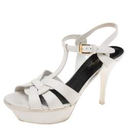 Pre Owned Saint Laurent White Leather Tribute Platform Sandals Size 37