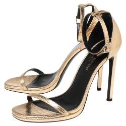 Pre Owned Saint Laurent Metallic Gold Lizard Embossed Leather Jane Ankle-Strap Sandals Size 36