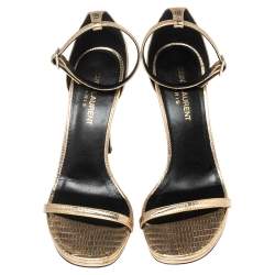 Pre Owned Saint Laurent Metallic Gold Lizard Embossed Leather Jane Ankle-Strap Sandals Size 36
