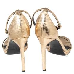 Pre Owned Saint Laurent Metallic Gold Lizard Embossed Leather Jane Ankle-Strap Sandals Size 36