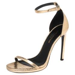 Pre Owned Saint Laurent Metallic Gold Lizard Embossed Leather Jane Ankle-Strap Sandals Size 36