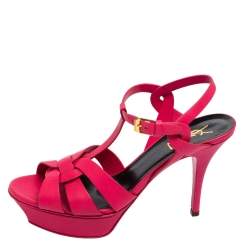 Pre Owned Saint Laurent Pink Leather Tribute Platform Sandals Size 38.5