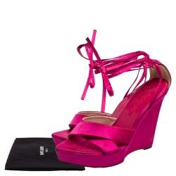 Saint Laurent Pink Satin Wedge Ankle Wrap Sandals Size 36