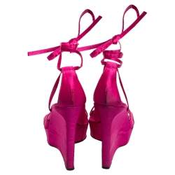 Saint Laurent Pink Satin Wedge Ankle Wrap Sandals Size 36