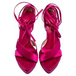 Saint Laurent Pink Satin Wedge Ankle Wrap Sandals Size 36
