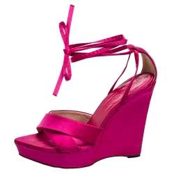 Saint Laurent Pink Satin Wedge Ankle Wrap Sandals Size 36