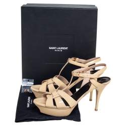 Pre Owned Saint Laurent Beige Patent Leather Tribute Platform Sandals Size 40.5