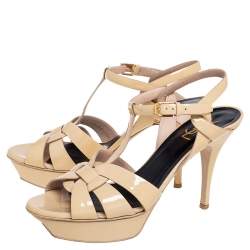 Pre Owned Saint Laurent Beige Patent Leather Tribute Platform Sandals Size 40.5