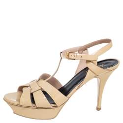 Pre Owned Saint Laurent Beige Patent Leather Tribute Platform Sandals Size 40.5