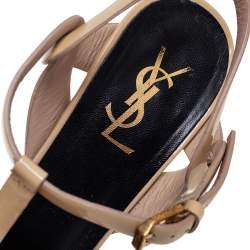 Pre Owned Saint Laurent Beige Patent Leather Tribute Platform Sandals Size 40.5