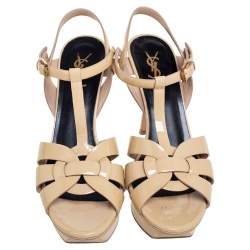 Pre Owned Saint Laurent Beige Patent Leather Tribute Platform Sandals Size 40.5