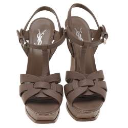Pre Owned Saint Laurent Brown Textured Leather Tribute Platform Sandals Size 38