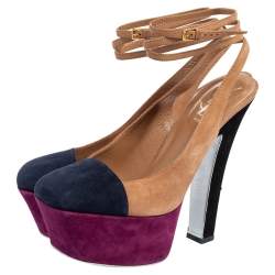 Pre Owned Saint Laurent Multicolor Suede Tribtoo Slingback Platform Sandals Size 37.5