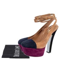 Pre Owned Saint Laurent Multicolor Suede Tribtoo Slingback Platform Sandals Size 37.5