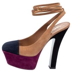 Pre Owned Saint Laurent Multicolor Suede Tribtoo Slingback Platform Sandals Size 37.5