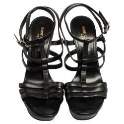 Pre Owned Saint Laurent Black Leather Strappy Platform Sandals Size 38