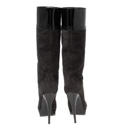 Pre Owned بو ت ركبة سان لوران نعل سميك جلد لامع وسويدي رمادي / أسود مقاس 37.5