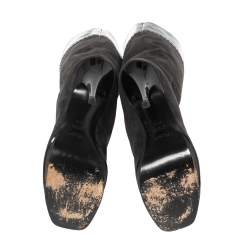 Pre Owned بوت ركبة سان لوران نعل سميك جلد لامع وسويدي رمادي / أسود مقاس 37.5