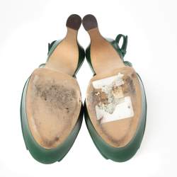 Pre Owned Saint Laurent Green Leather Peep Toe Platform Slingback Sandals Size 38.5