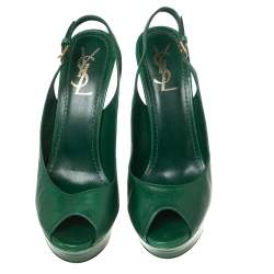 Pre Owned Saint Laurent Green Leather Peep Toe Platform Slingback Sandals Size 38.5