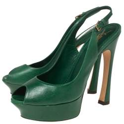 Pre Owned Saint Laurent Green Leather Peep Toe Platform Slingback Sandals Size 38.5