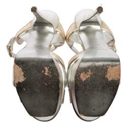 Pre Owned Saint Laurent Metallic Silver Leather Tribute Sandals Size 38.5