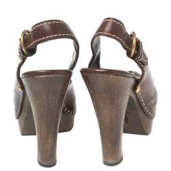 Saint Laurent Brown Leather Platform Slingback Sandals Size 36