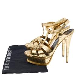 Pre Owned Saint Laurent Metallic Gold Croc Embossed Leather Tribute Platform Sandals Size 36.5