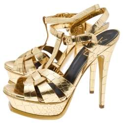 Pre Owned Saint Laurent Metallic Gold Croc Embossed Leather Tribute Platform Sandals Size 36.5