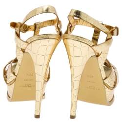 Pre Owned Saint Laurent Metallic Gold Croc Embossed Leather Tribute Platform Sandals Size 36.5