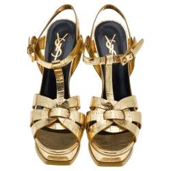 Pre Owned Saint Laurent Metallic Gold Croc Embossed Leather Tribute Platform Sandals Size 36.5