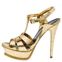 Pre Owned Saint Laurent Metallic Gold Croc Embossed Leather Tribute Platform Sandals Size 36.5