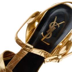 Pre Owned Saint Laurent Metallic Gold Croc Embossed Leather Tribute Platform Sandals Size 36.5