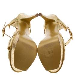 Pre Owned Saint Laurent Metallic Gold Croc Embossed Leather Tribute Platform Sandals Size 36.5