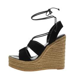 مملوكة مسبقًا صندل سان لوران سويدي أسود كعب روكي نعل سميك سير كاحل مقاس 41