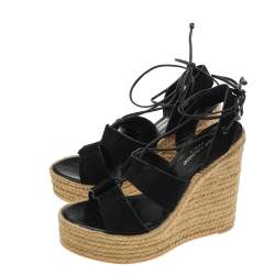 مملوكة مسبقًا صندل سان لوران سويدي أسود كعب روكي نعل سميك سير كاحل مقاس 41